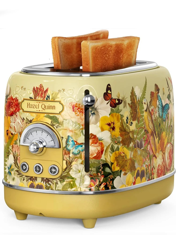 2-Slice Retro Floral Print Toaster with Removable Crumb Tray 6 Browning Levels 3 Functions Waffle Maker for Puff Pastry