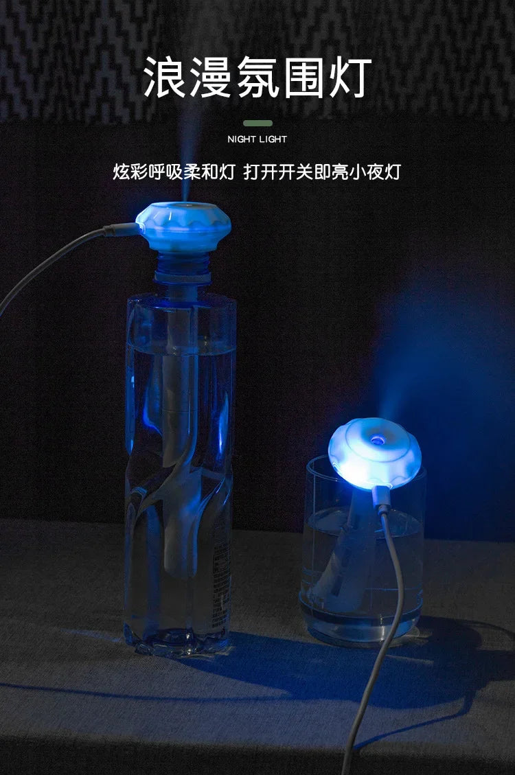 USB Mini Ultrasonic H2O Air Humidifier LED Lamp USB Water Bottler Cup Car Purifier Anion Mist Maker with Cool Light for Office