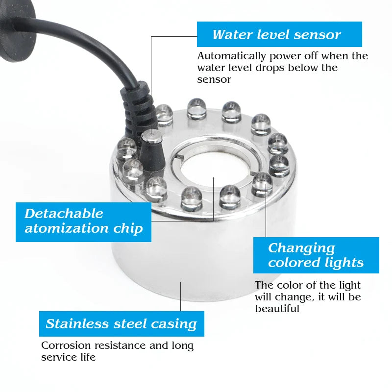 DC 24V Ultrasonic Mist Maker Fogger with 12 LED Air Humidifier Water scape Atomization Atomizer Diffuser Smart home High Quality