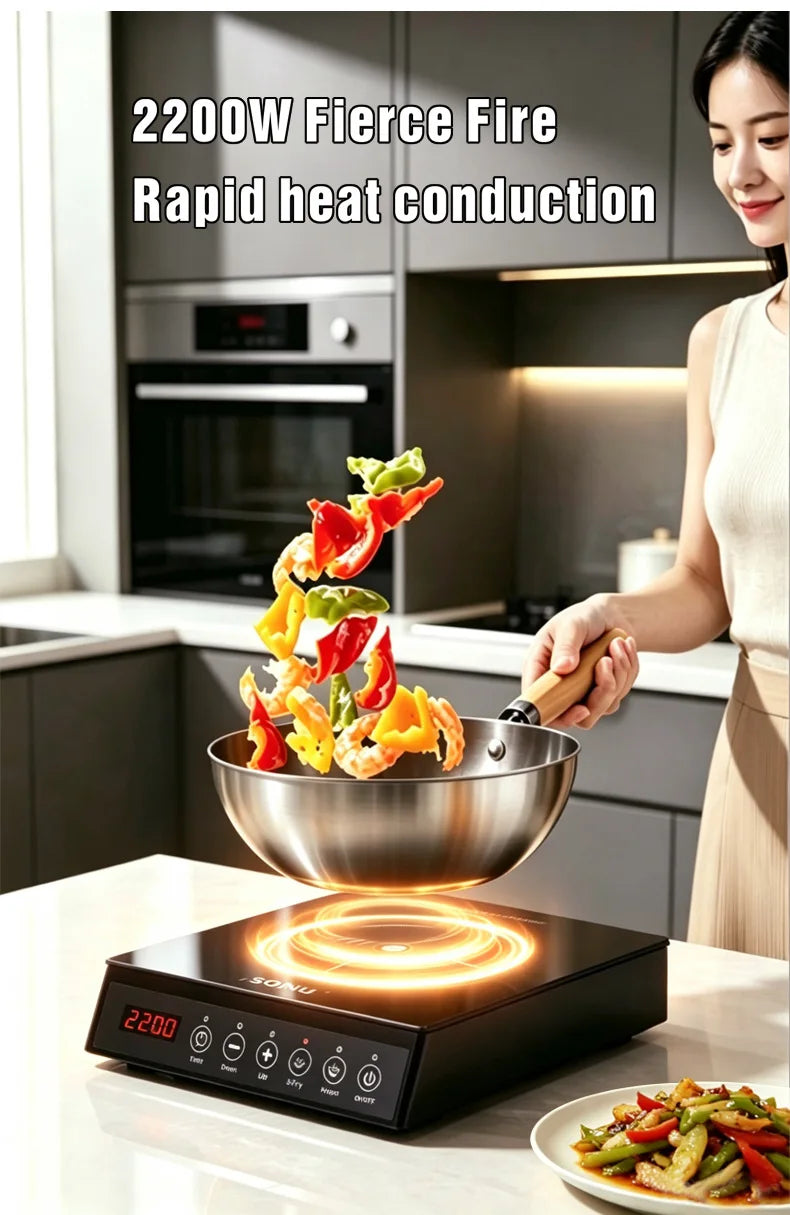 2200W Portable Electric Magnetic Induction Cooker Touch Panel Waterproof Hotpot Heating Stove Touchpad Cooktop Stir Fry Dish Coo