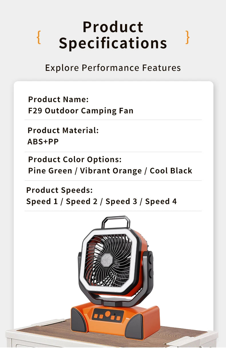 50000mAh Outdoor Camping Fan with Remote Contral 4Gears Wind Speed Up to 100 Hours Runtime Handle Portable Cooling Electric Fan