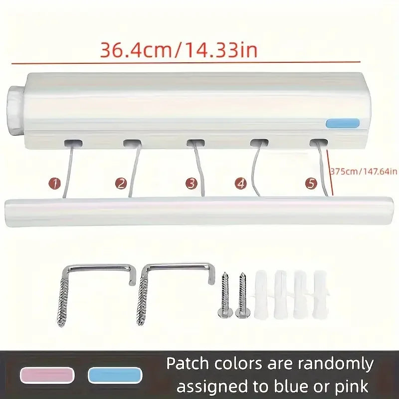 Retractable Clothes Drying Rope 3.75m Clothesline 5 Wires Wall Mounted Shrinkable Plastic Laundry Hanger Indoor Drying Rack