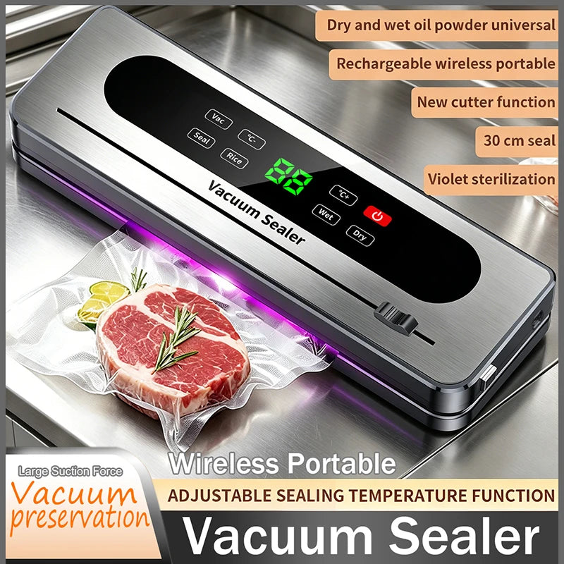 Rechargeable Wireless Vacuum Sealer Dry/Wet Food Sealer with Built-in Cutter Touch Buttons for Kitchen Food Storage 826