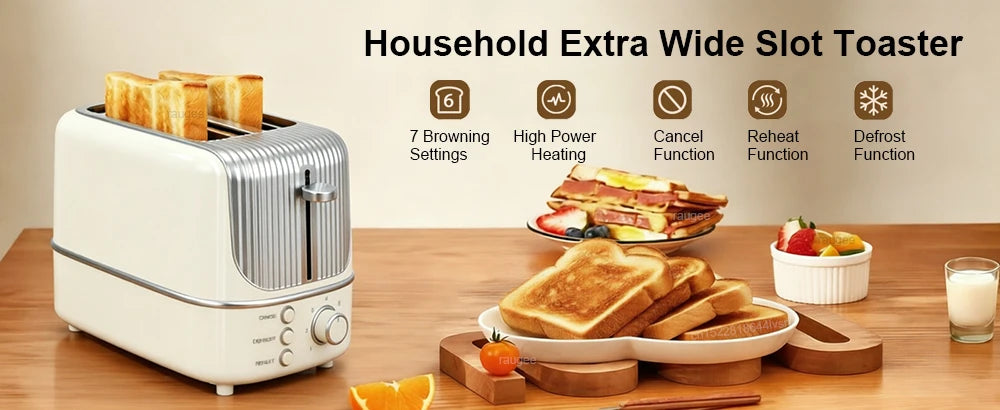 2-Slot Toaster 7 Browning Levels Home Extra Wide Slot Toaster with Reheat, Defrost and Cancel Includes a Detachable Crumb Tray