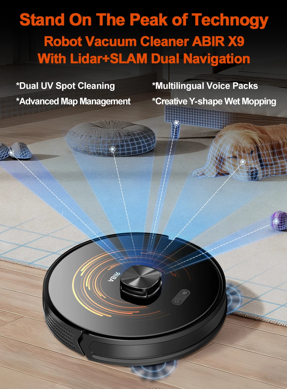 Robot Vacuum Cleaner ABIR X9,Laser Lidar,6500pa Suction,Multi-Floor Map,Dual UV Cleaing,APP Restricted Area,Smart Home Mop