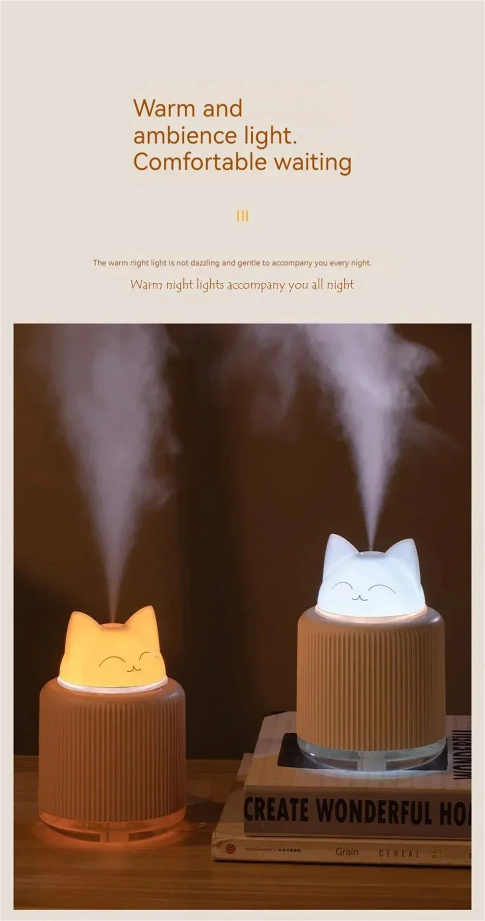 Mini Humidifier-Cute Cat Mist Humidifier for Kids Bedroom Small Ultrasonic humidifier for Home Car Office with USB 2 LED Colors