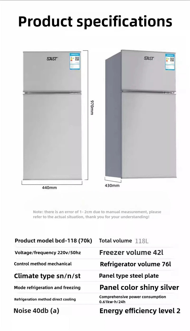 Energy Saving Refrigerator with Double Doors Small Refrigerator Home Dormitory Rental Room Freezer Refrigeration Mini Bar Fridge