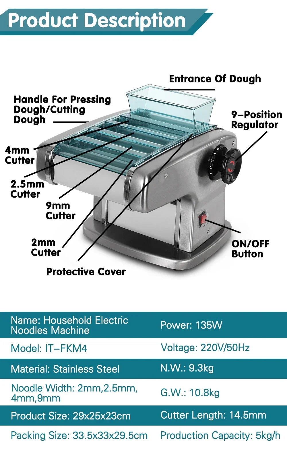 HomeWise Electric Pasta Machine Noodle Maker 220V Commercial Stainless Steel Pressing Machine Dough Cutter Dumpling Skin