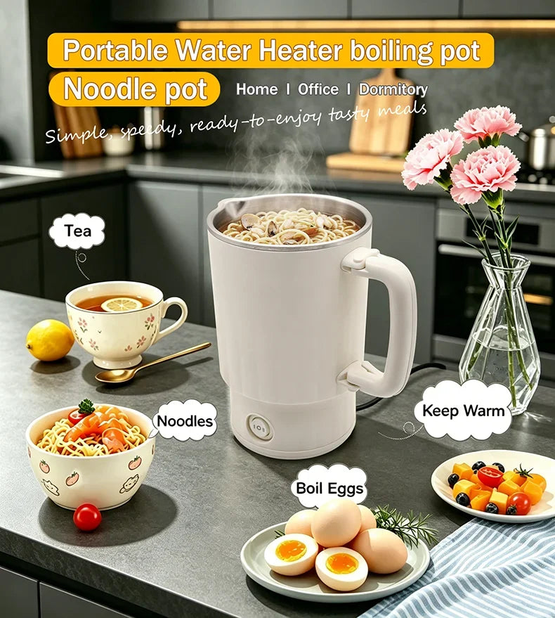 600ML Mini Portable Electric Kettle, Food-Grade Stainless Steel, Travel Foldable Boiling Pot & Noodle Pot