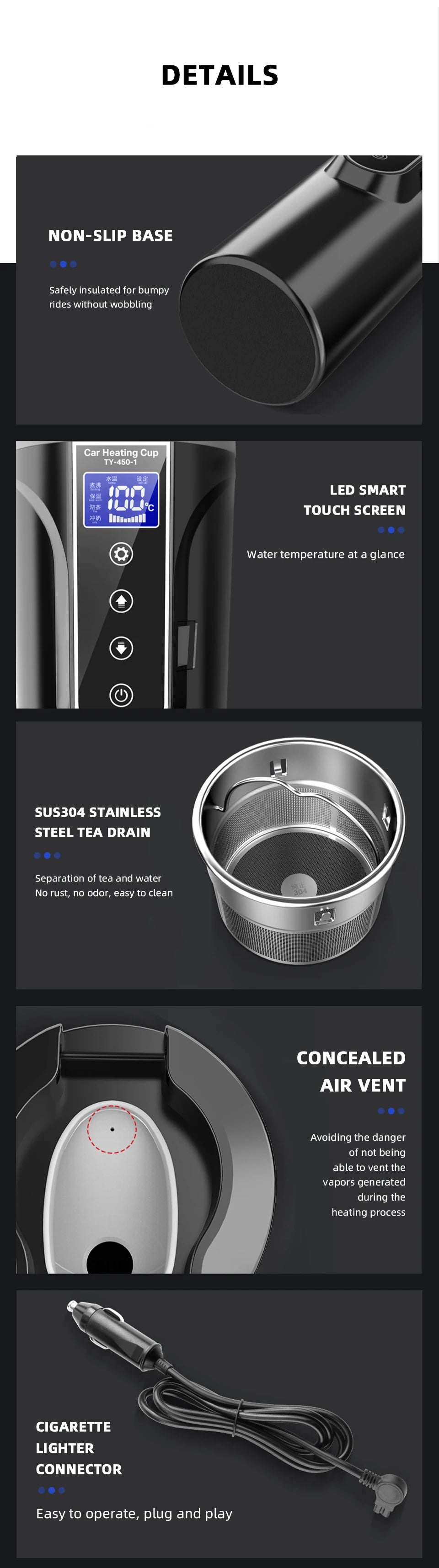Yanace 500ML Portable Car Electric Kettle Smart Temperature Control Travel Heating Cup for Coffee Milk Tea 12V Auto Boiler
