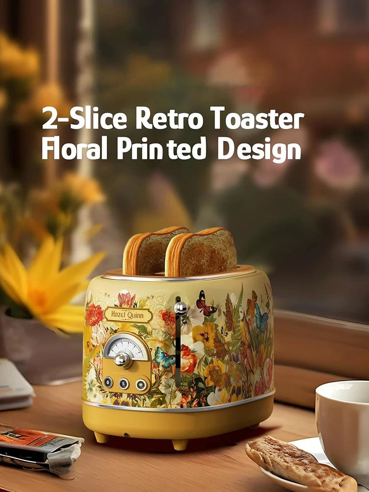 2-Slice Retro Floral Print Toaster with Removable Crumb Tray 6 Browning Levels 3 Functions Waffle Maker for Puff Pastry