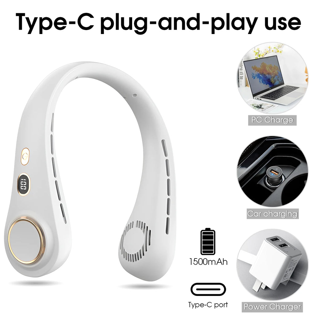 1500mAh 5 Speeds Bladeless Neck Fan Hands Free Portable Rechargeable Cooling Strong Airflow Ultra Quiet for Travel Outdoor