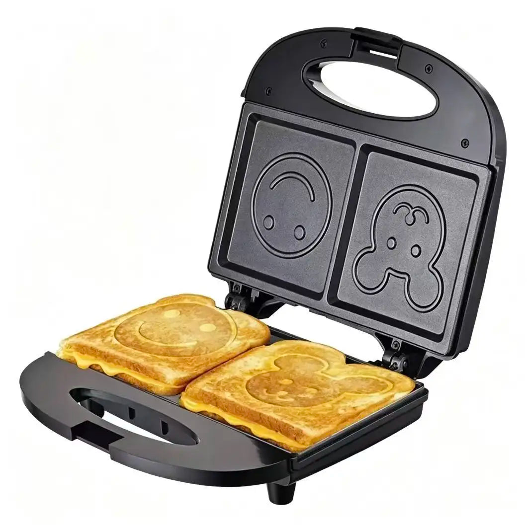 110V Household Sandwich Machine 750W Waffle Sandwich Maker Smiling Face Cute Toast Bread Machine Double-sided Heating Frying Pan
