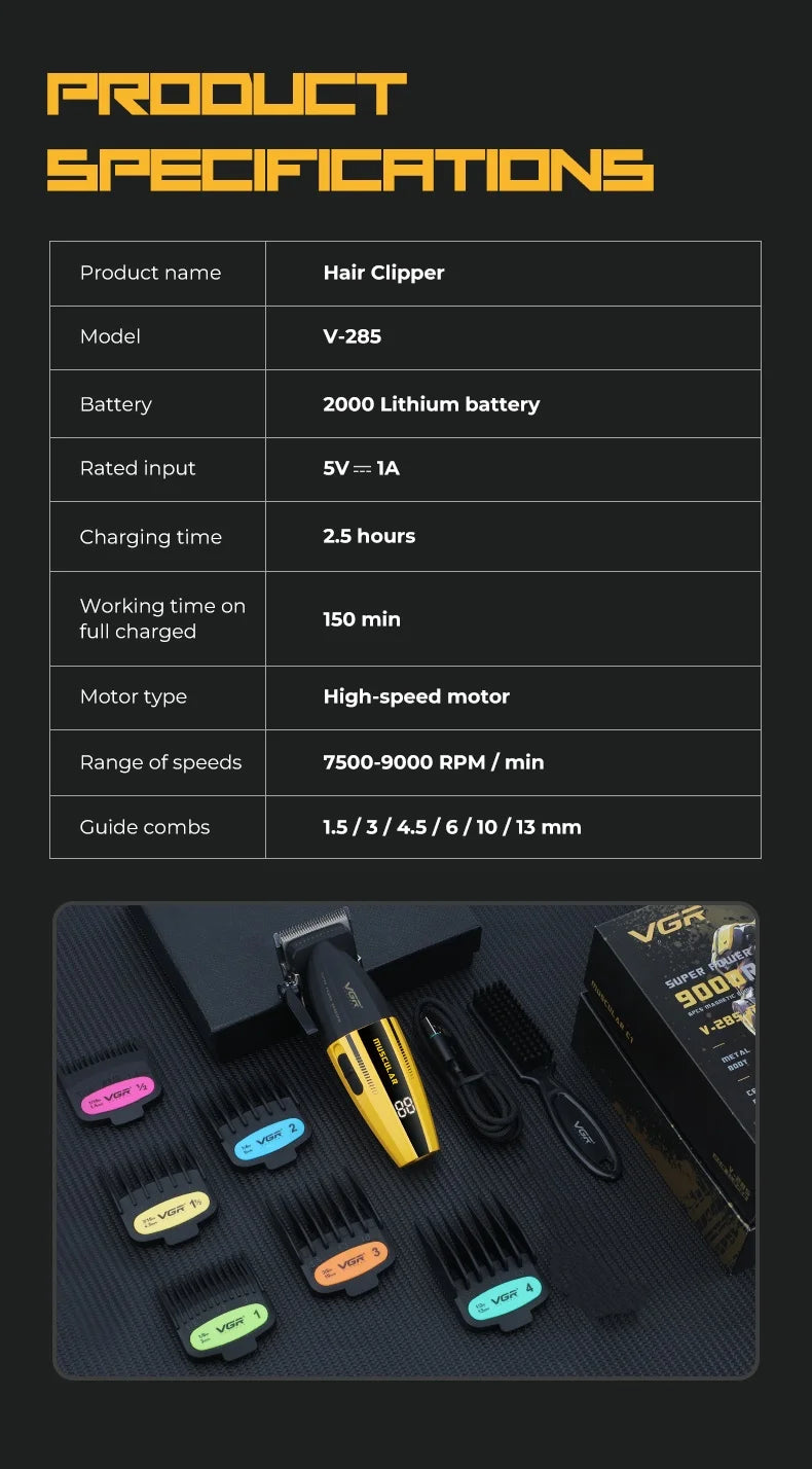 VGR Hair Clippers Professional Hair Trimmer Barber Clippers 9000 RPM Hair Cutting Machine Adjustable Trimmer for Men V-285 V-003
