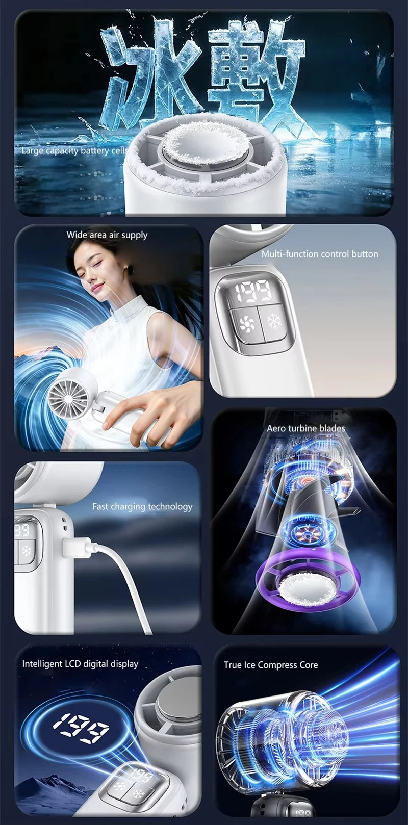 Lenovo 199 High Speed Air Ice Cooler Fan USB Rechargeable Turbo Jet Handheld Fan with Brushless Motor for Outdoor Office Travel