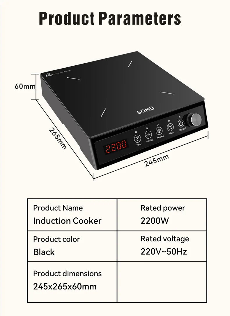 2200W Portable Electric Magnetic Induction Cooker Touch Panel Waterproof Hotpot Heating Stove Touchpad Cooktop Stir Fry Dish Coo