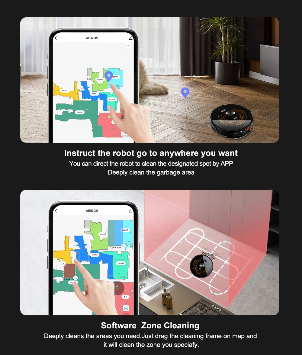 Robot Vacuum Cleaner ABIR X9,Laser Lidar,6500pa Suction,Multi-Floor Map,Dual UV Cleaing,APP Restricted Area,Smart Home Mop