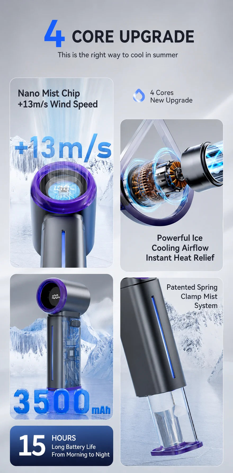 Portable Mist Cooling Fan Humidifier Ice Water Instant Cooler 199-Speed Turbo Handheld Fan Rechargeable Mini Air Conditioner Fan