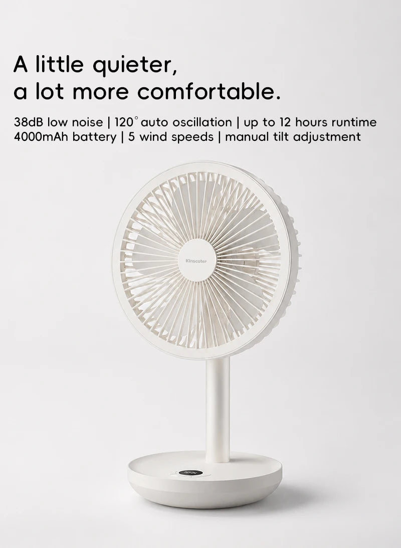 KINSCOTER Smart Oscillating Desk Fan 4000mAh USB Angle Adjustable Silent Rechargeable Fan 5 Wind Speeds for Home/Office/Gift
