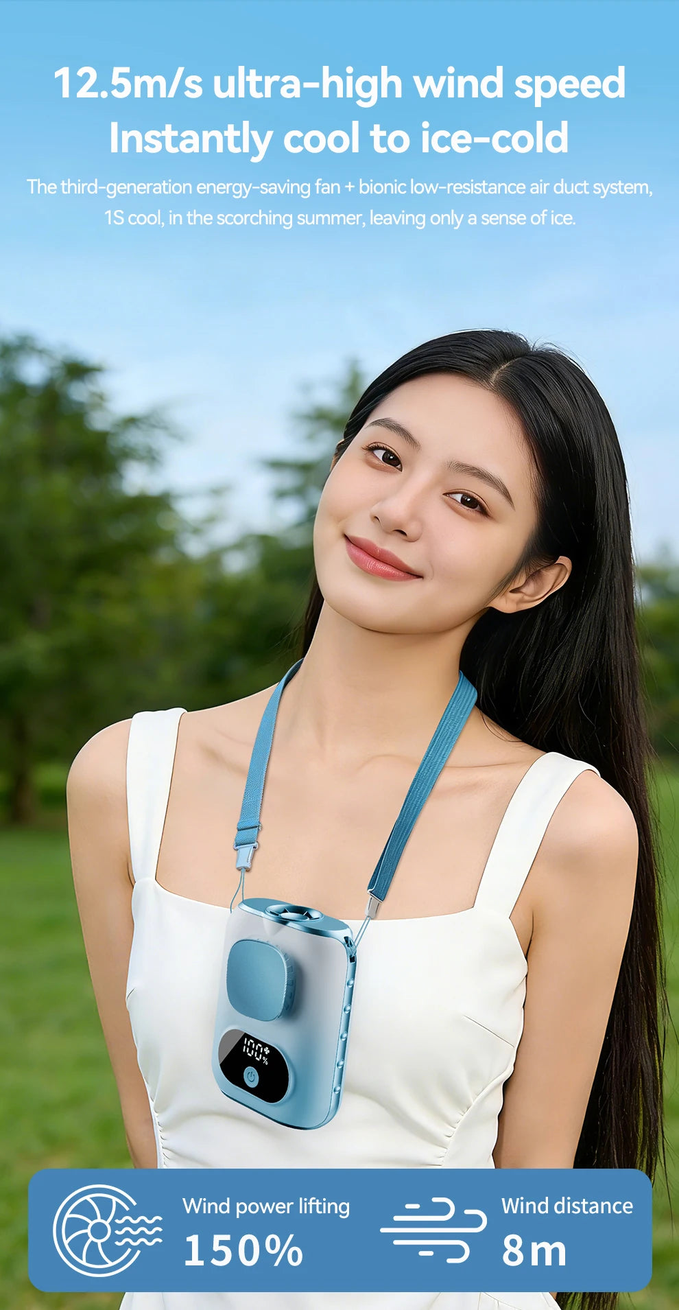 3CM Thin Tiny Portable Waist Fan 6000mAh Clip On Personal Neck Fan LED 12H Working 5 Speeds 40000RPM Strong Airflow with Lanyard