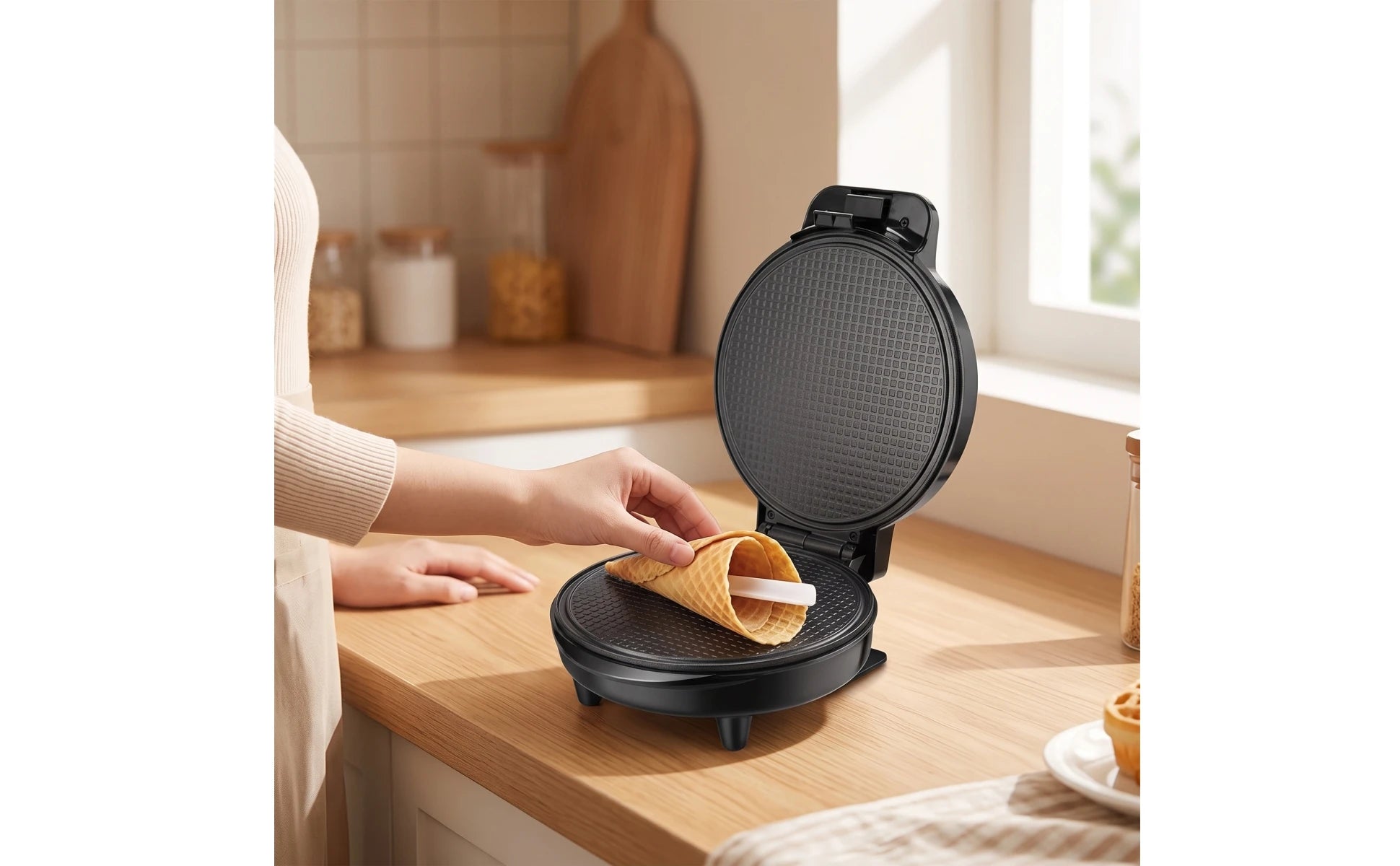 Waffle Cone Maker Electric Waffle Cone Baker Appliance 1000W Machine Space-Saving for Home Cooks, Kitchen Countertop