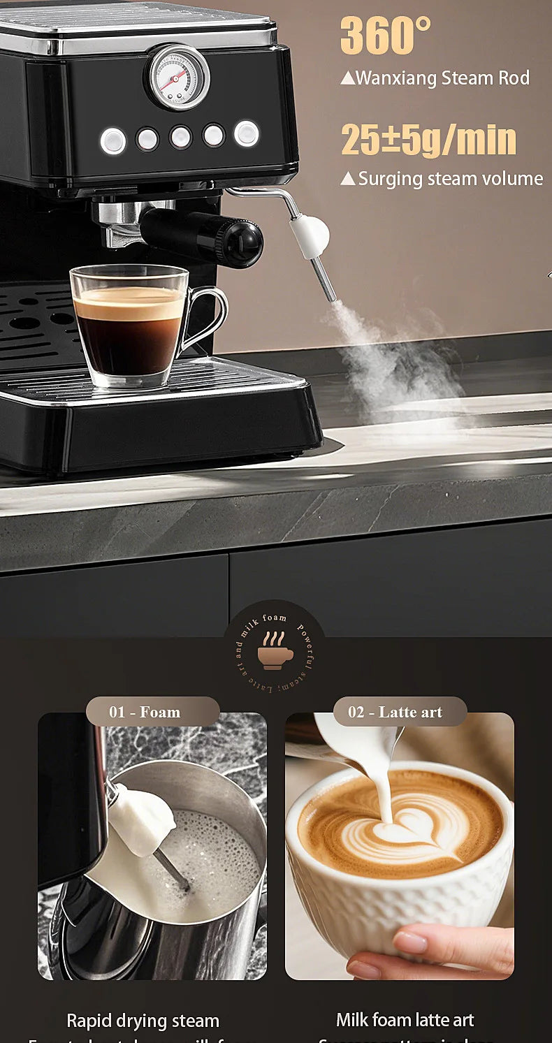 2026 Semi-automatic household coffee machine with high-pressure extraction, frothing and grinding integrated functions