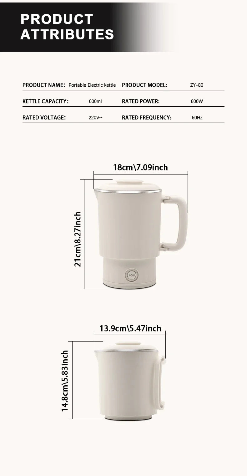600ML Mini Portable Electric Kettle, Food-Grade Stainless Steel, Travel Foldable Boiling Pot & Noodle Pot