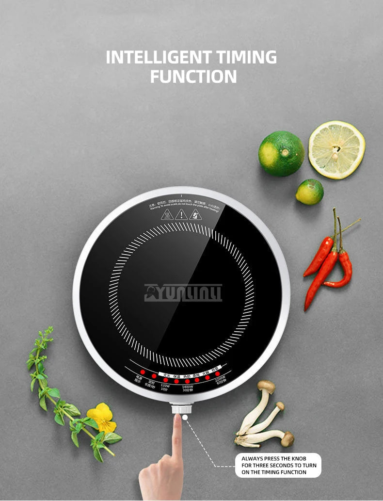 Round Smart Induction Cooker Household 2200W Inductions Kochplatte High Power Portable Cooktop Black Microcrystalline Panel