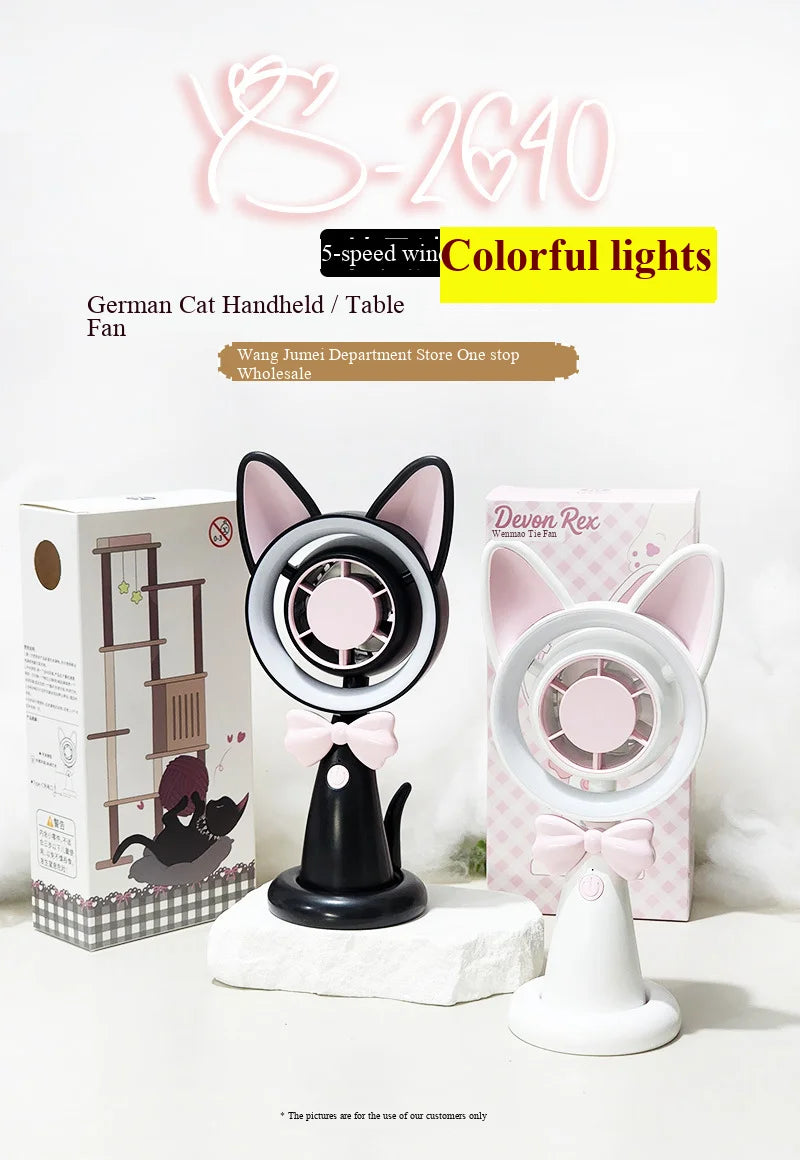 New Cat-Shaped Handheld Fan with Strong Wind, USB Charging, Suitable for Student Dormitories, Desktop Small Fan with Light