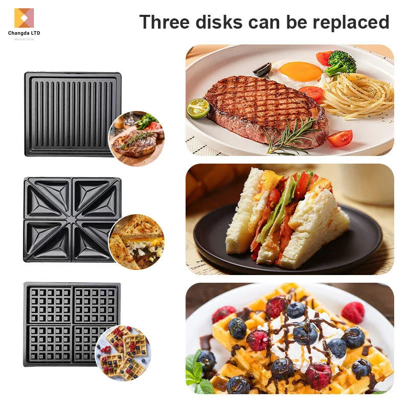 Interchangeable plate sandwich machine three-in-one high-power stainless steel breakfast machine toast steak waffle maker