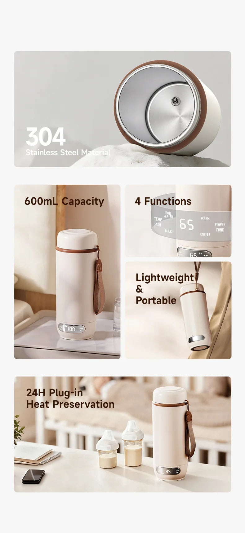 Electric Kettle Portable 600ml Travel Heating Touch Screen Intelligent Adjustable Temperature Thermal Cup