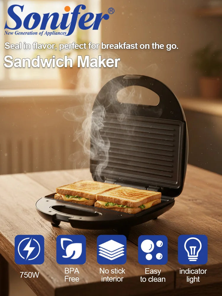 Sandwich Maker Sonifer SF-6173 750W Non Stick Panini Press Electric Grill Breakfast Machine Space Saving Kitchen Appliance