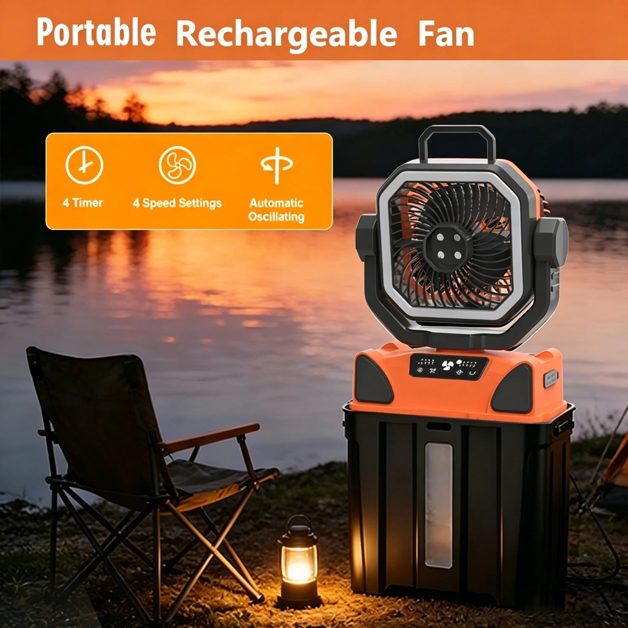50000mAh Outdoor Camping Fan with Remote Contral 4Gears Wind Speed Up to 100 Hours Runtime Handle Portable Cooling Electric Fan