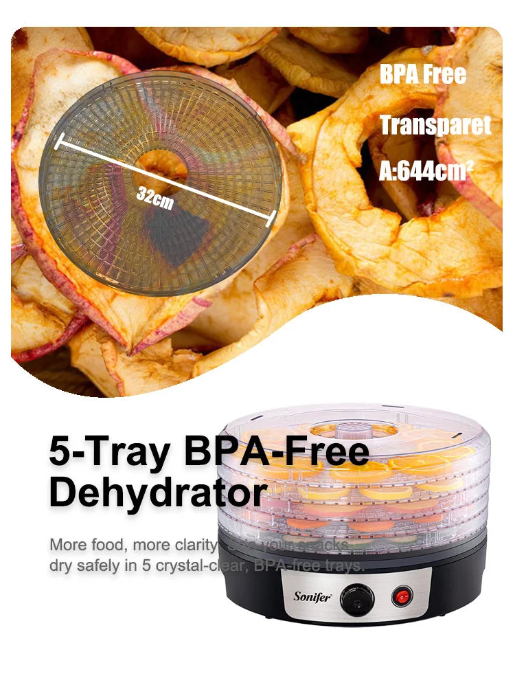 Food Dehydrator SF-4033 250W 5 Tray Fruit Vegetable Dryer with BPA Free Trays Adjustable Temperature for Home Kitchen