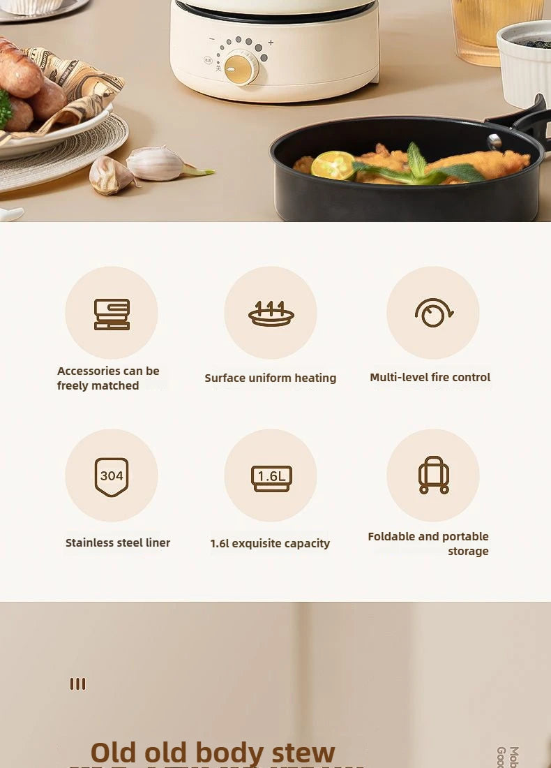 110V/220V Electric Cooker Portable Cooking Pot Foldable Hotpot 1.6L Multi cookers Split Type Rice Cooker Frying Pan Home Travel