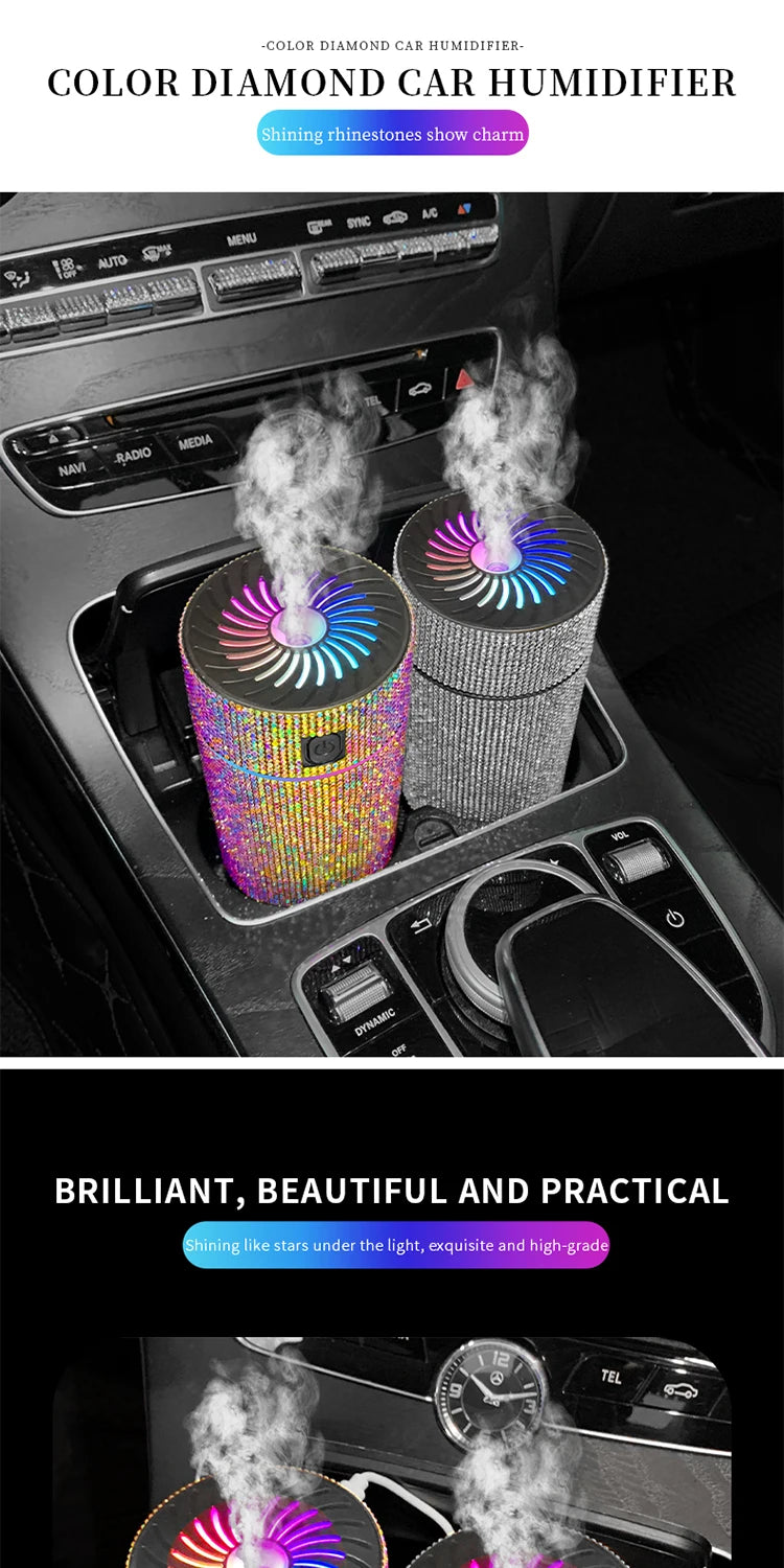 Luxury Diamond Car Diffuser Humidifier with LED Light Auto Air Purifier Aromatherapy Diffuser Air Freshener Car Accessories