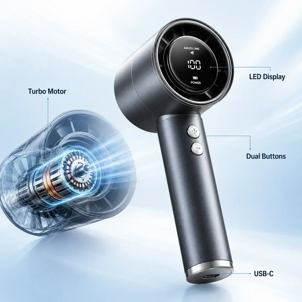 USB Rechargeable Turbo Fan Portable Handheld Mini Air Cooler LED Display Quiet Cooling for Outdoor Travel Office Desk Home Use