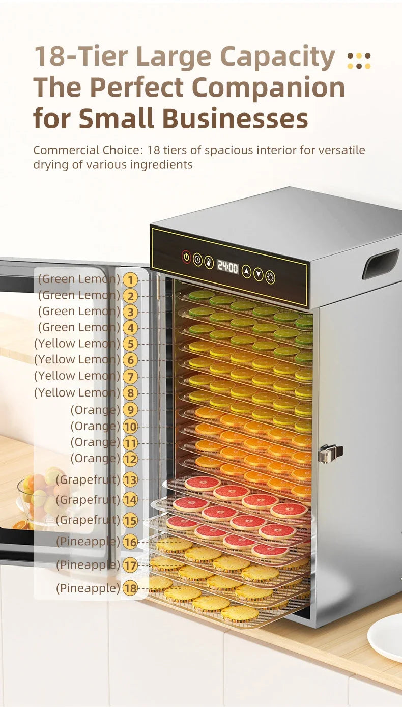 DIVEDEER 6-18 Layer Stainless Steel Food Dehydrator with Adjustable Temperature Control (30~90°C) for Fruits Vegetables Meat