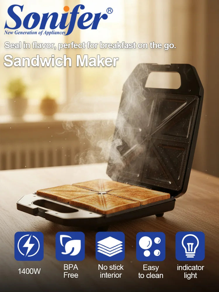 Sandwich Maker Sonifer SF-6193 1400W Triangle Plate Electric Toastie Maker Non Stick Grill Breakfast Machine for Home Kitchen
