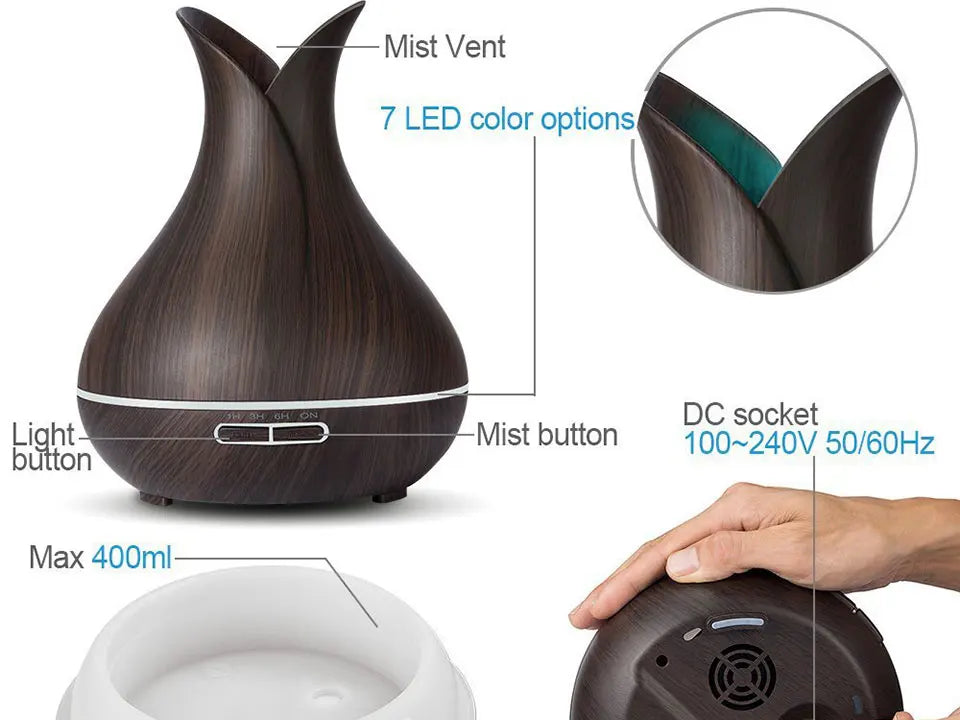 Electric Air Humidifier Remote Control Diffuser Aroma Humidifier Oil Diffuser Ultrasonic Wood Grain Mist Maker 7Color LED Light