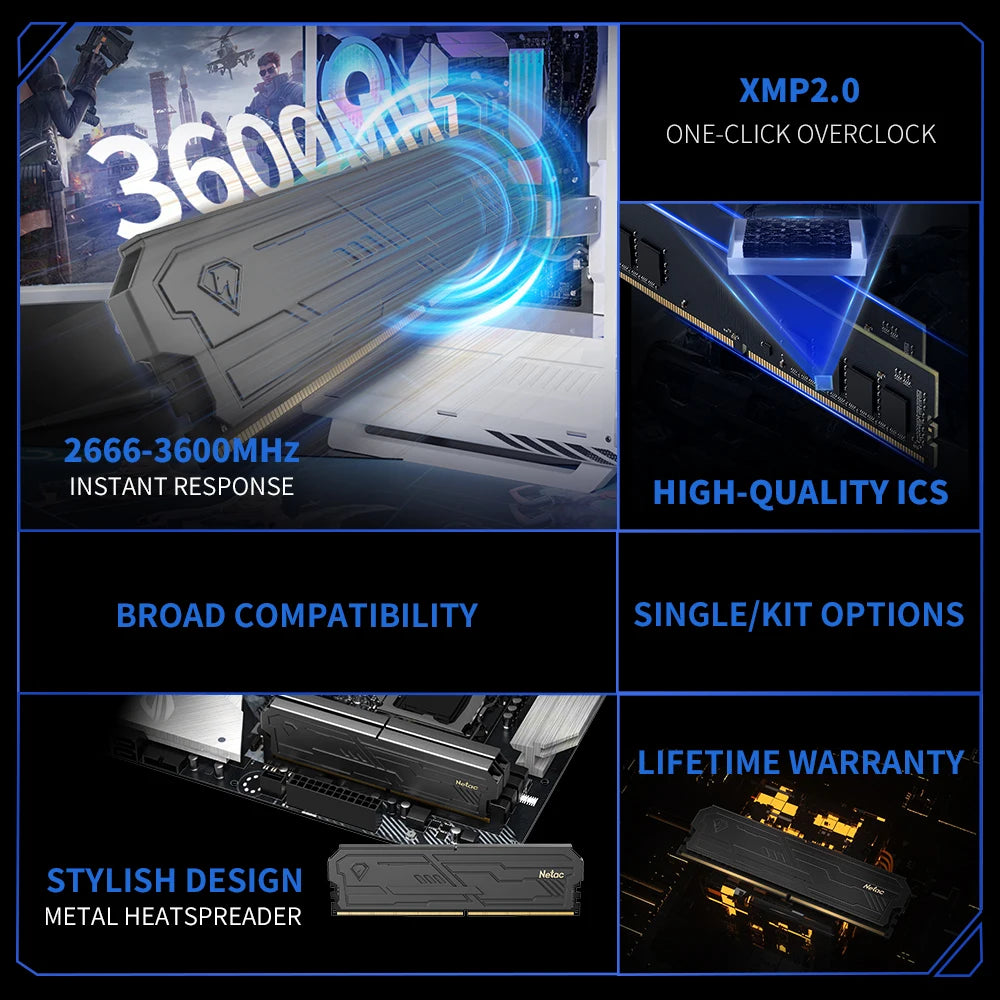 Netac DDR4 Memory Shadow Ill 3200MHz 3600MHz Ram UDIMM DDR4 8G 16G 8Gx2 16Gx2 with Aluminum Heatsink Support XMP2.0 for Desktop