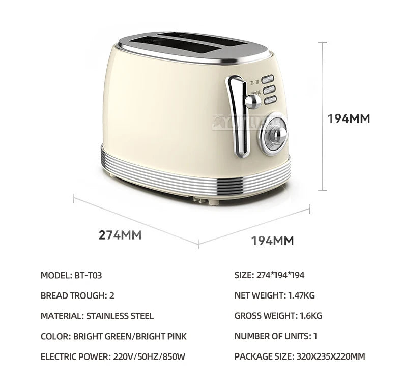 Electric Toaster Stainless Steel Retro Bread Baking Machine 2 Slices Breakfast Machine Double-side Heating Sandwich Maker