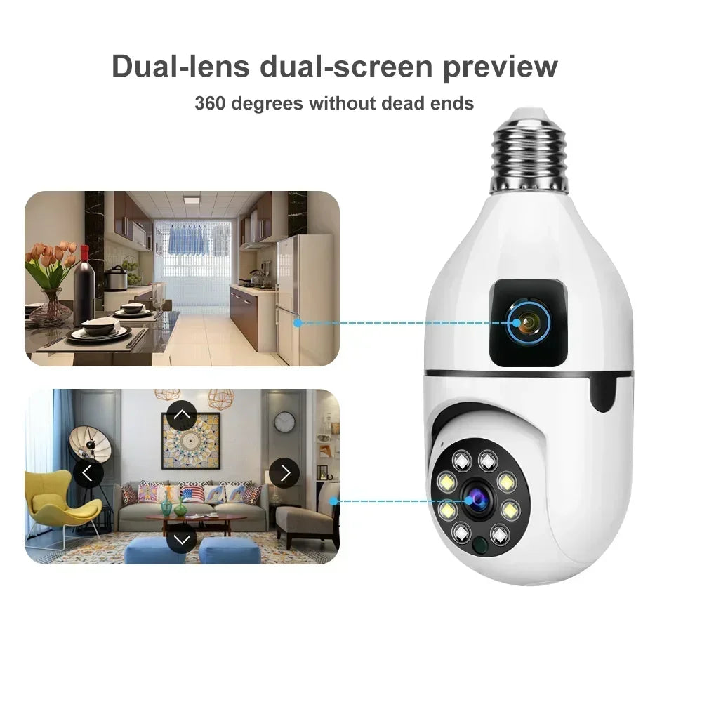 E27 Bulb Surveillance Security Camera 8MP HD Night Vision 2 screen 2 lens Camera Indoor Motion Detection 8X Zoom WiFi Camera 5MP