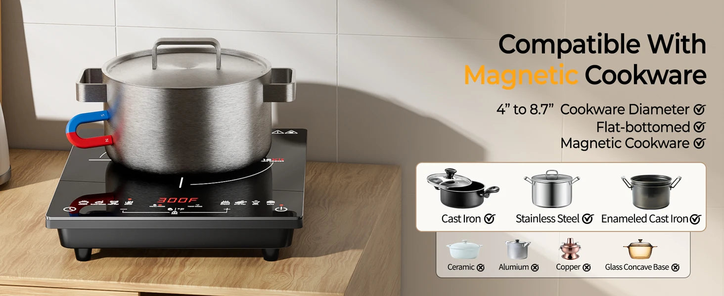 Multifunction Induction Cooker Ceramic 1200W-1800W Portable Electric Cooktop Preset Temperature Stir-Fry Timer Preset Child Lock