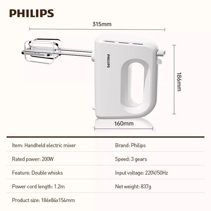 Philips Handheld Electric Egg Beater 3-Speed 2-Beater Automatic Mixer for Egg White And Cream Household Kitchen Tool HR3700