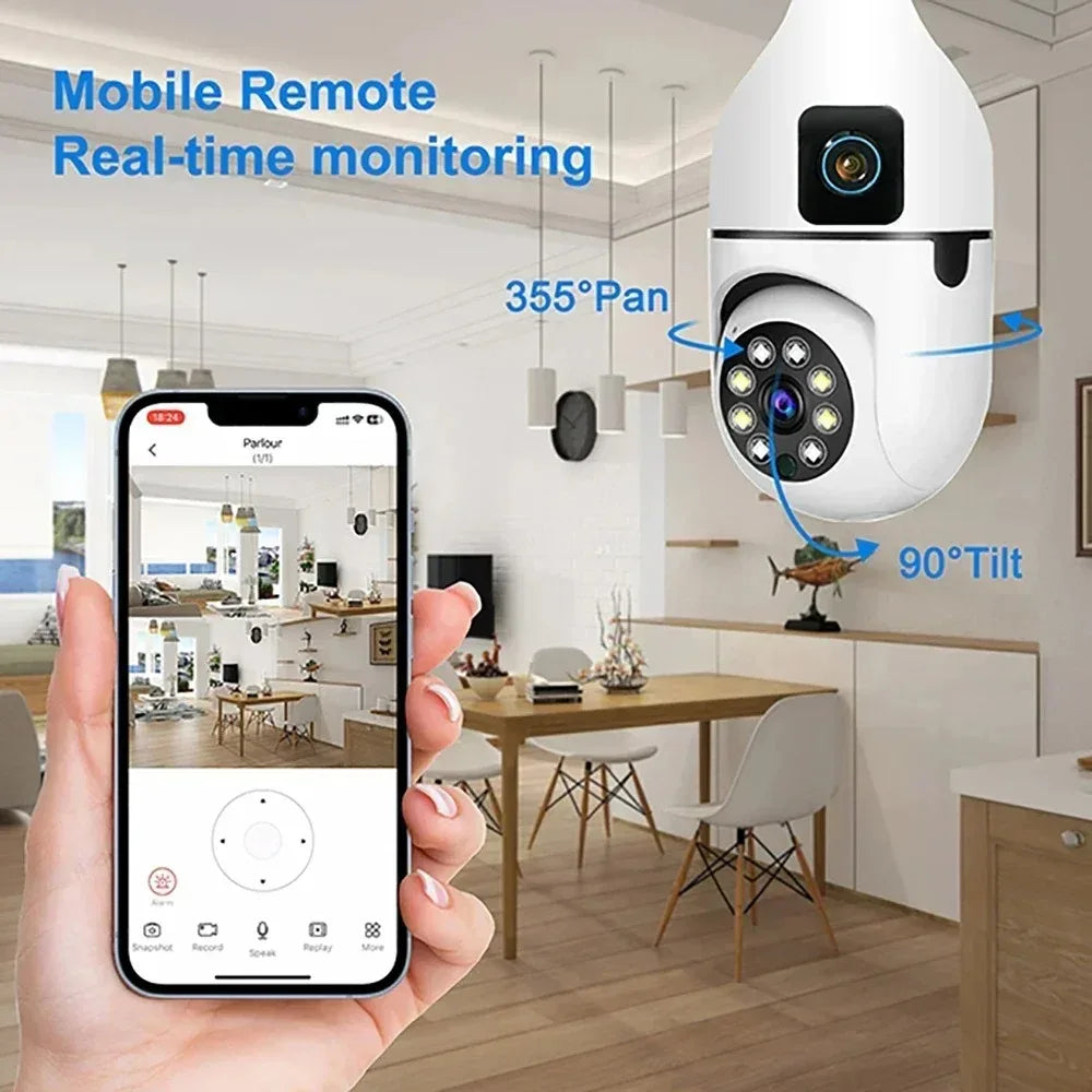 E27 Bulb Surveillance Security Camera 8MP HD Night Vision 2 screen 2 lens Camera Indoor Motion Detection 8X Zoom WiFi Camera 5MP