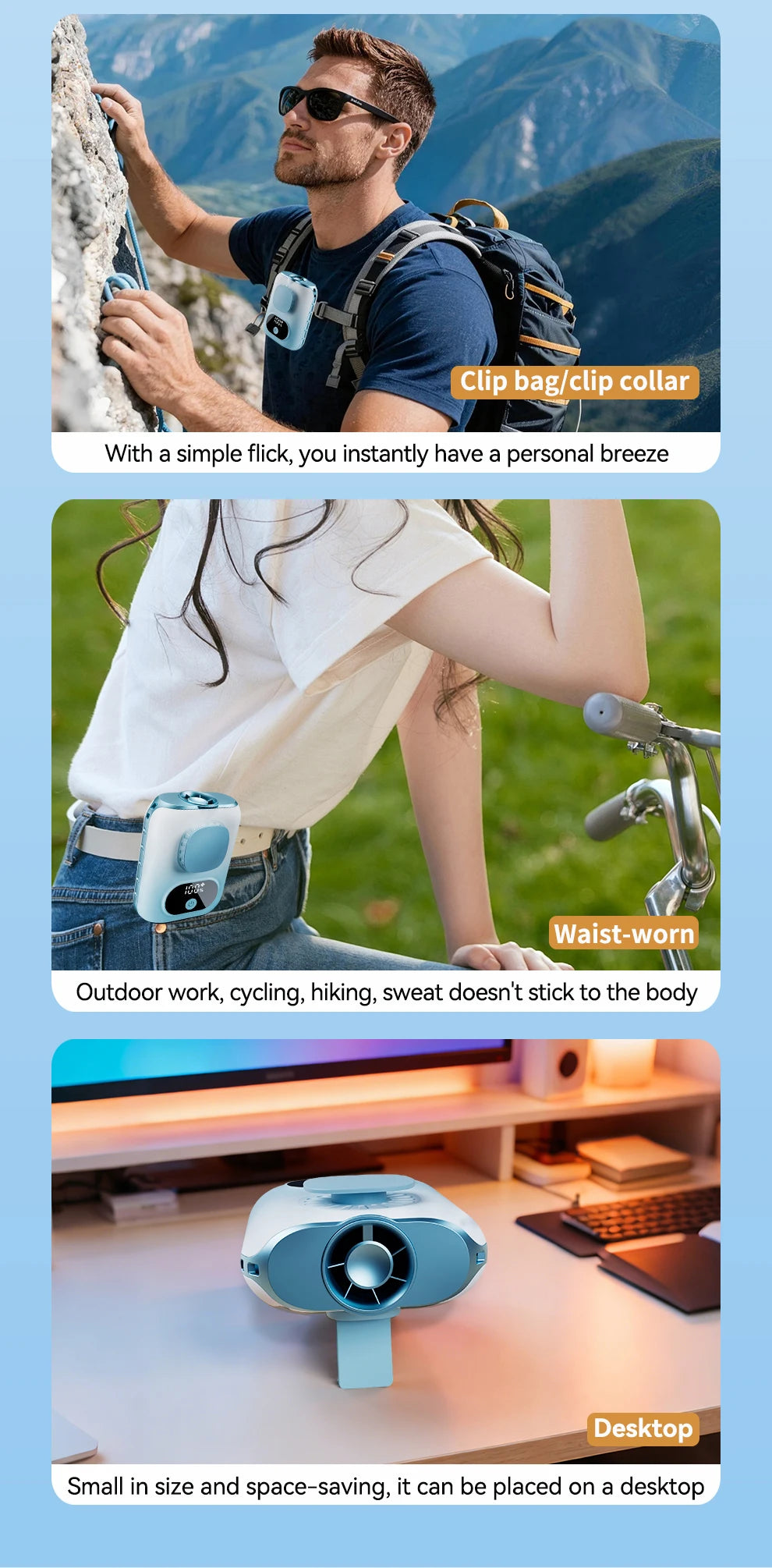 3CM Thin Tiny Portable Waist Fan 6000mAh Clip On Personal Neck Fan LED 12H Working 5 Speeds 40000RPM Strong Airflow with Lanyard