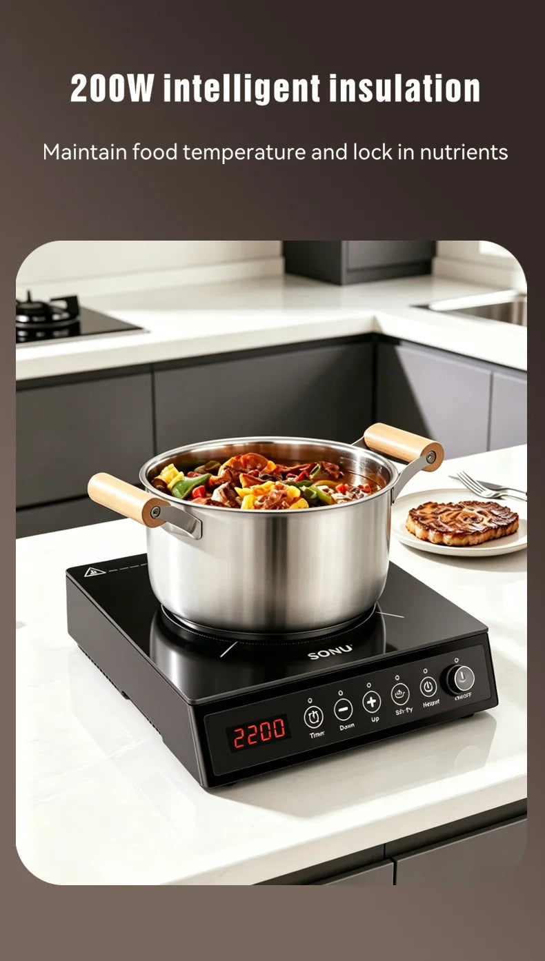 2200W Portable Electric Magnetic Induction Cooker Touch Panel Waterproof Hotpot Heating Stove Touchpad Cooktop Stir Fry Dish Coo