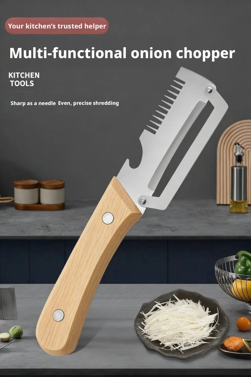2-in-1 Stainless Steel Peeler Multi-Functional Serrated Vegetable Slicer Fruit Peeling Slicing Wooden Handle New Kitchen Knife