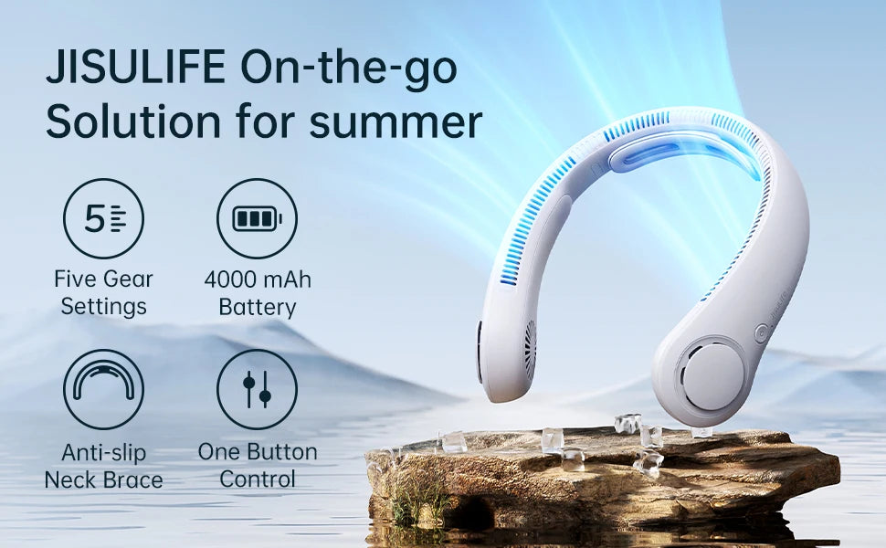 JISULIFE Portable Neck Fan Upgraded, 5000mAh Battery, Necksupport, 5 Speeds Gears Adjustment, Outdoor Wearable Hands-Free Fan